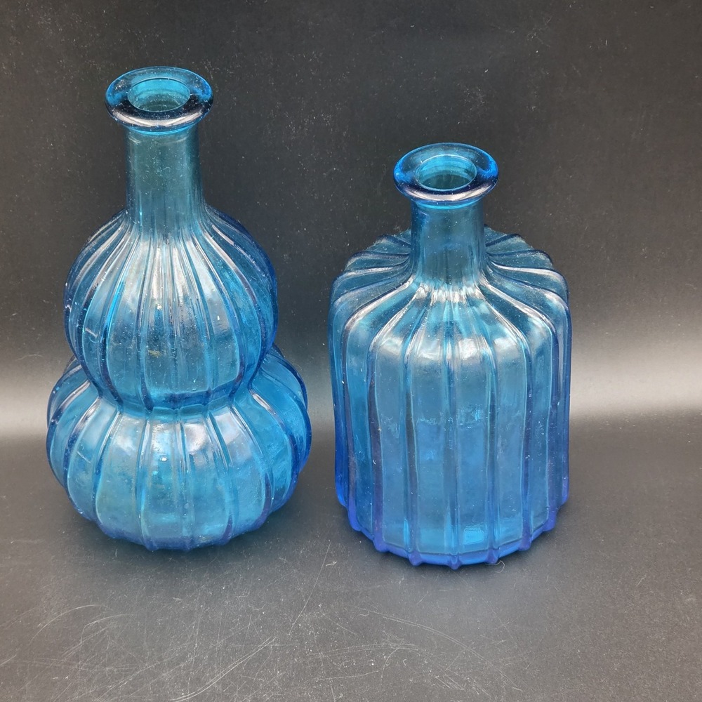 2 Vintage Empoli Type Blue Glass Ribbed Pattern Genie Bottle No Stopper